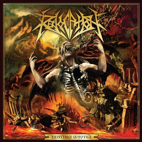Album cover: demonic figure amidst destruction, fiery red and brown tones.