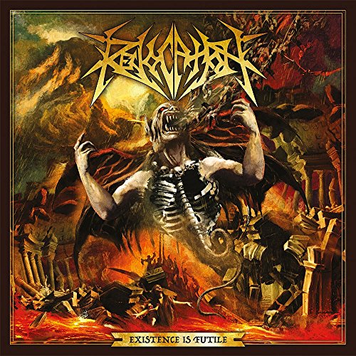 "Album cover art featuring a skeletal figure amidst chaos, with yellow text and dark background."