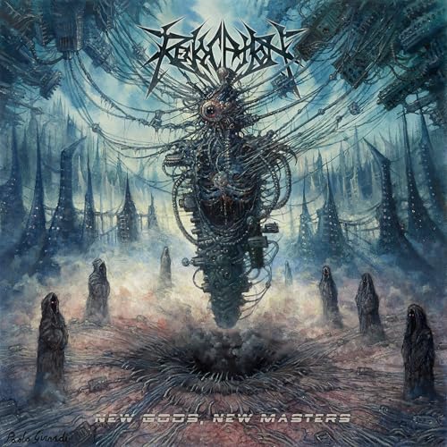 Dark fantasy album cover with a complex, mechanical structure and figures.