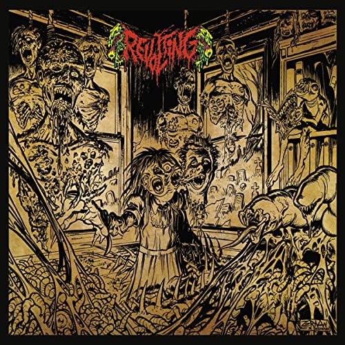 Horror album cover with screaming figures, a graveyard, and grotesque imagery.