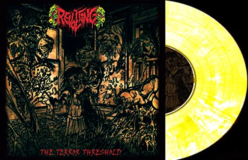 Horror album cover with grotesque figures and a yellow vinyl record.