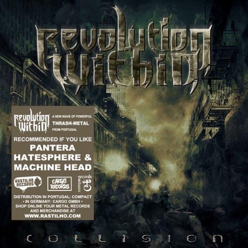 CD cover for “Revolution Within - Collision” with a dystopian city scene.