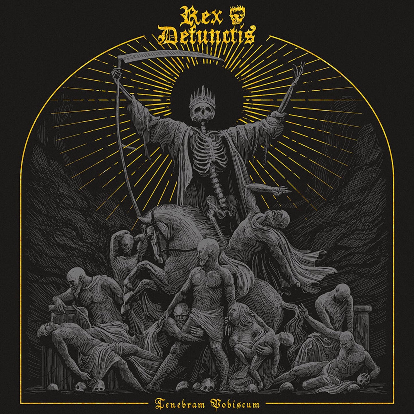 A skeletal king with a scythe stands above suffering figures in this gold-lined illustration.