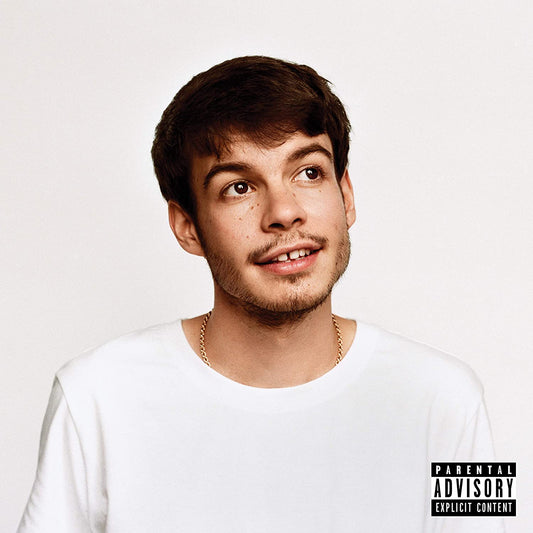 "Album cover featuring a man in a white shirt with a parental advisory label."