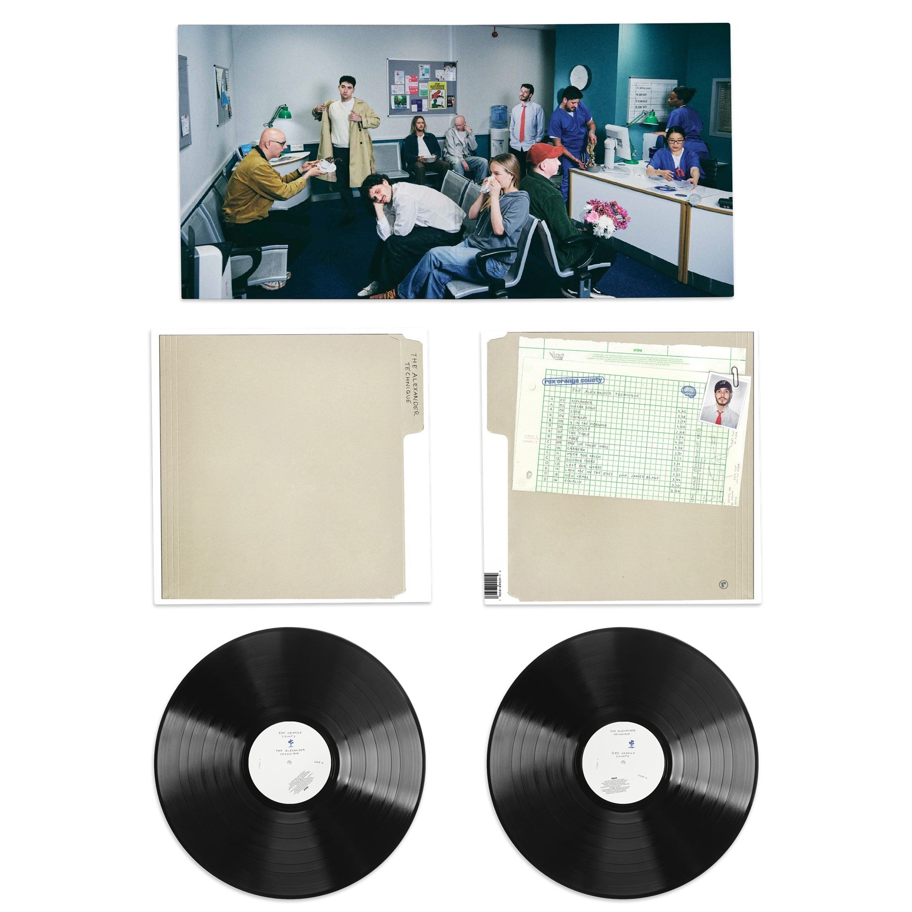 Rex Orange County vinyl set showing office scene, file folder cover, and two records.