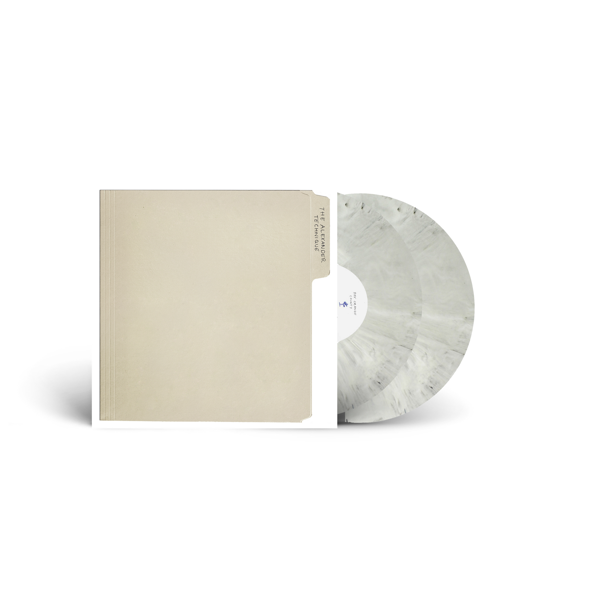 White vinyl LP record and beige album cover, text on both.