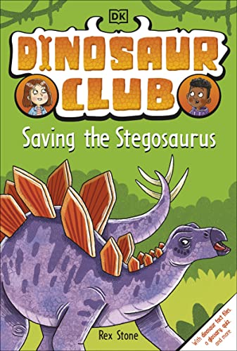 Book cover: "Dinosaur Club Saving the Stegosaurus" with a purple dinosaur.