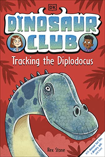 Book cover: “Dinosaur Club Tracking the Diplodocus” with a long-necked dinosaur.