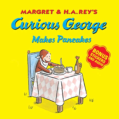 Curious George at a table with a stack of pancakes.