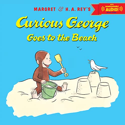 Book cover showing Curious George playing in beach sand with a bucket and shovel.