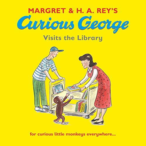 Curious George book cover: monkey, woman, and books in a library.