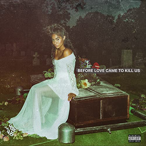 Jessie Reyez sits on a coffin in a graveyard, album cover.