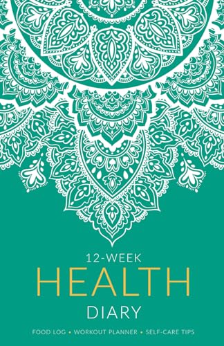 Teal health diary cover with ornate white floral mandala design.