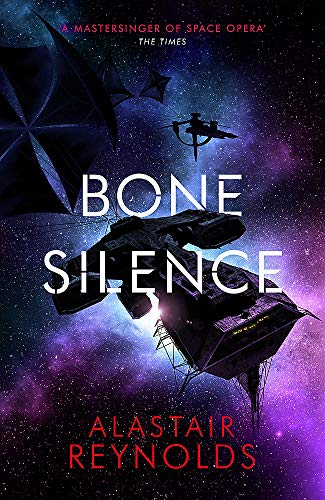 Book cover: “Bone Silence” depicts a spaceship against a nebula background.