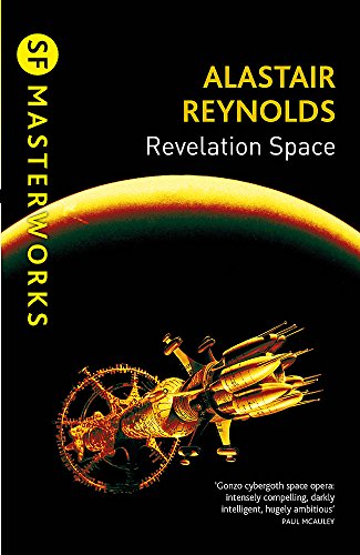 Book cover: “Revelation Space” by Alastair Reynolds, spaceship in space.