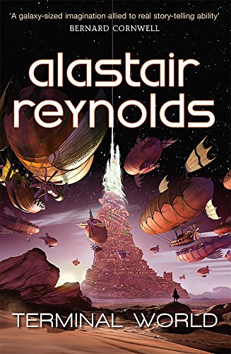 Book cover showing airships flying around a glowing tower in a desert landscape.