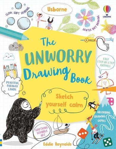 Colorful cover of "The Unworry Drawing Book" with illustrated doodles and animals.