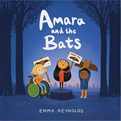 Three children, one in a wheelchair, hold signs and a bat in a forest.