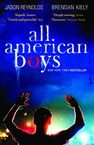 Book cover for “All American Boys” depicting silhouetted figures with hands up.
