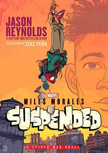 Book cover: Spider-Man Miles Morales suspended upside down over a city.