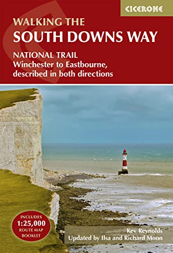 Book cover featuring white cliffs, a lighthouse, and the title Walking the South Downs Way.