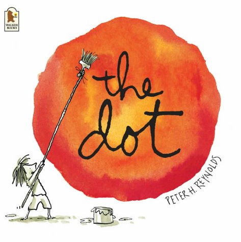 Book cover: a girl painting a large red dot with a brush.