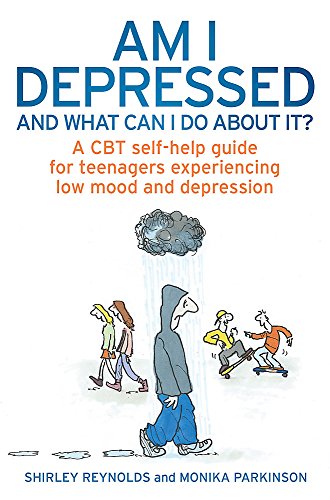 "Book cover with cartoon figure under dark cloud, others playing, titled 'Am I Depressed'."