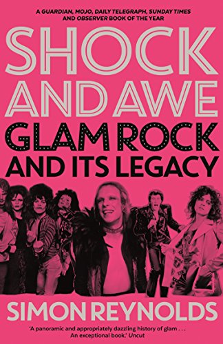 Book cover with pink background featuring glam rock musicians and bold white text.