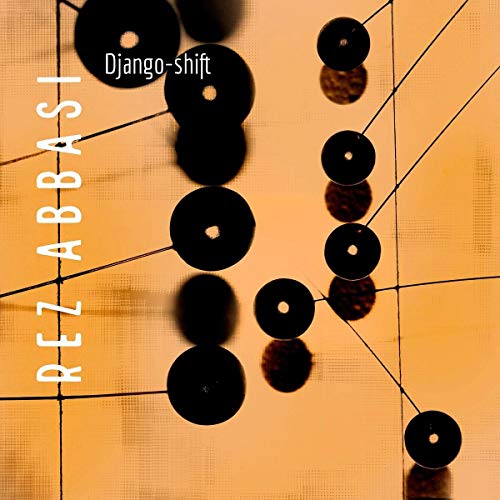"Album cover with orange background, black vinyl records, and artist's name 'Rez Abbasi'."