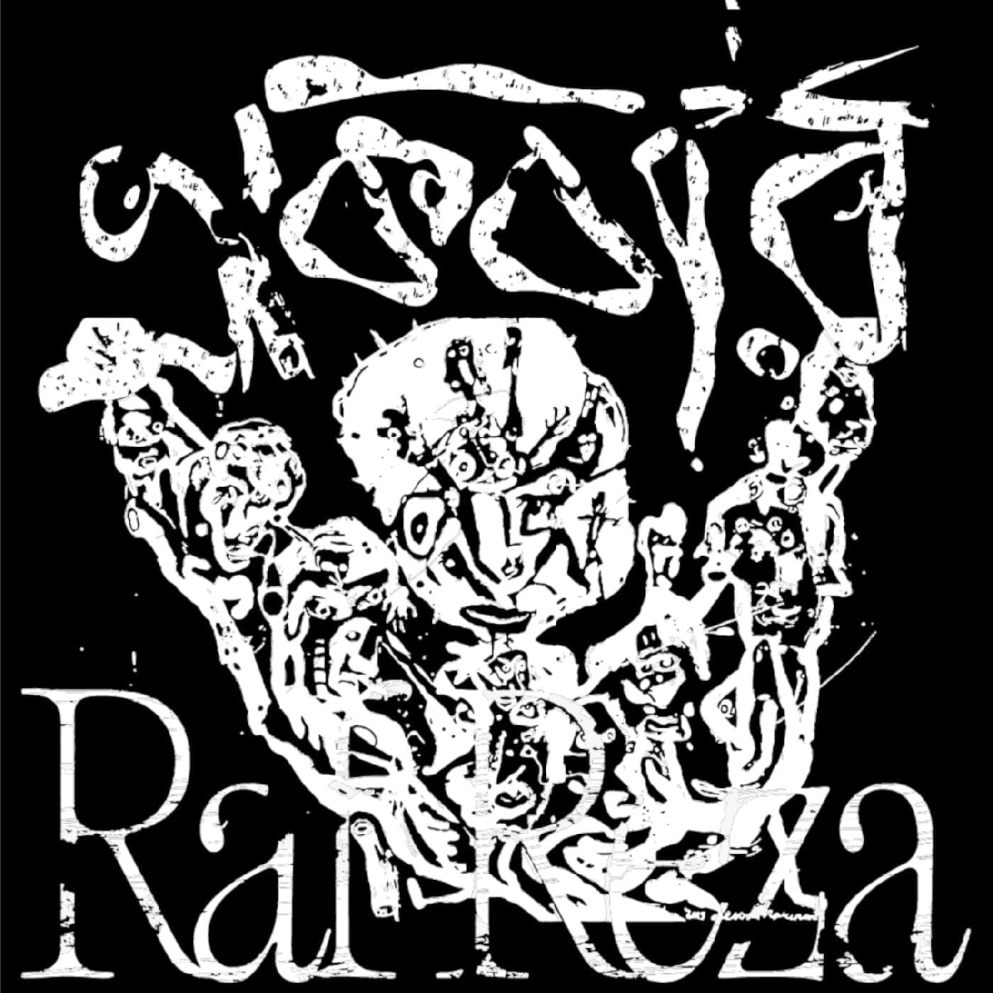White abstract skeletal figures and the word "Rarrezza" on black background.