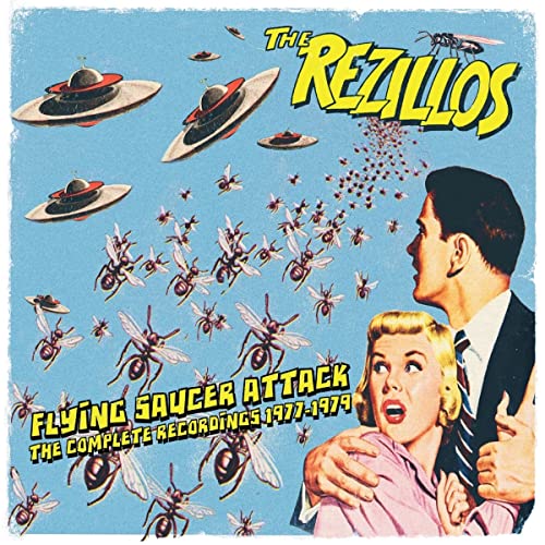 CD cover: Retro illustration of people reacting to flying saucers and bees.