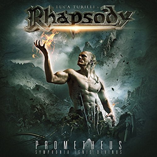 "Album cover with shirtless man holding flames, surrounded by rocky, dark landscape."