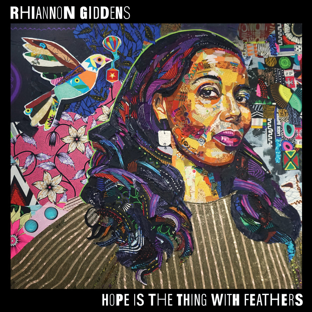 A colorful collage portrait of Rhiannon Giddens with a bird against a patterned background.