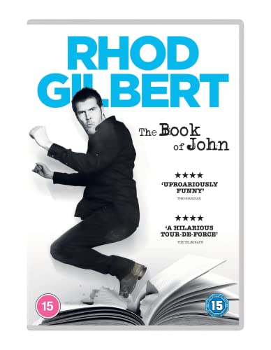 Rhod Gilbert jumps above an open book on this comedy DVD cover.