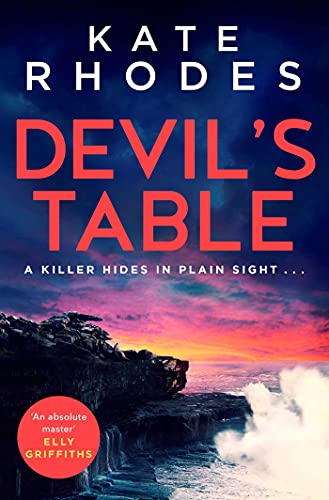 Book cover: "Devil's Table" with rocky coast and sunset background.