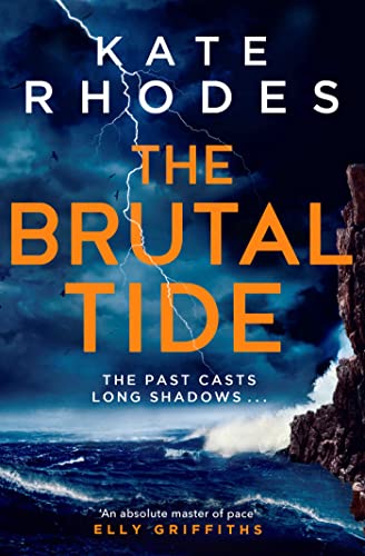 Book cover for The Brutal Tide featuring a stormy sea, lightning, and rocky cliffs.