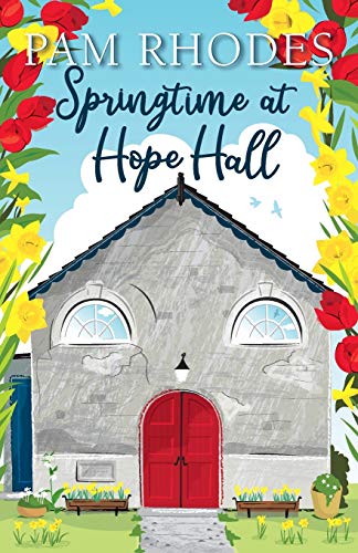 Book cover: illustrated hall building with red flowers and daffodils.