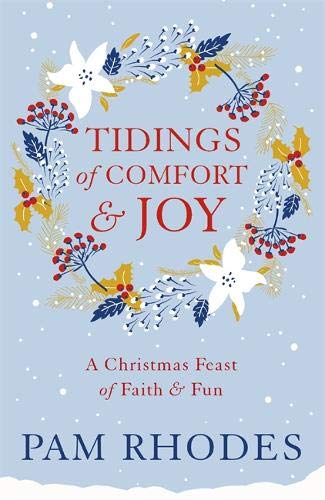 Book cover with wreath illustration and festive title, “Tidings of Comfort & Joy.”