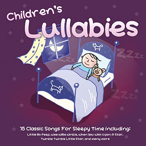 CD cover for “Children’s Lullabies” depicts a sleeping child with a teddy bear.