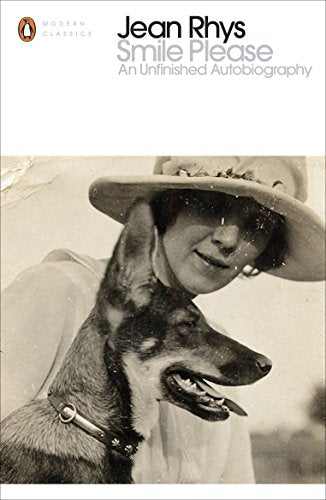 Book cover: "Smile Please" by Jean Rhys, featuring a woman and dog.