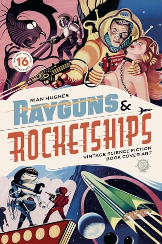 Book cover featuring retro science fiction illustrations of spaceships, robots, and people.