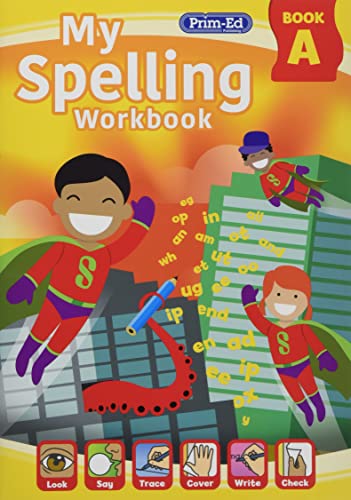 Cover of My Spelling Workbook Book A featuring superhero children flying over a city.
