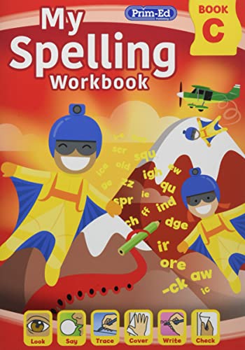 Front cover of My Spelling Workbook Book C featuring cartoon skydivers and educational icons.