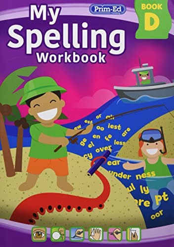 Cover of My Spelling Workbook Book D featuring a boy fishing for letters.
