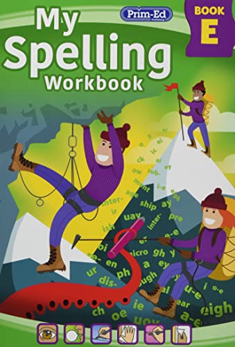 Cover of My Spelling Workbook Book E featuring cartoon characters climbing a mountain.
