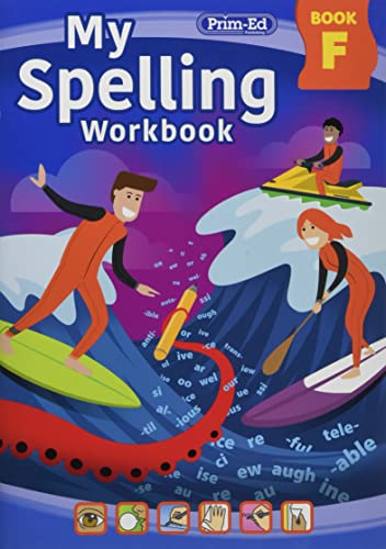 Cover of My Spelling Workbook Book F featuring cartoon characters surfing and jet skiing.
