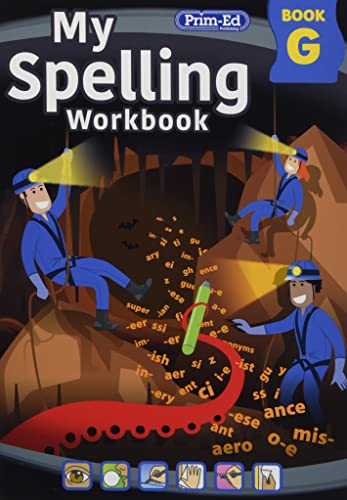 Blue "My Spelling Workbook Book G" cover with explorers and letters.