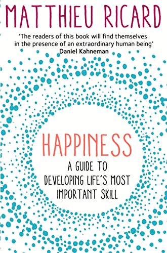 Book cover for Happiness by Matthieu Ricard with a blue circular dot pattern.