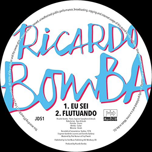 Black vinyl record label with blue and red “Ricardo Bomba” text and tracklist.