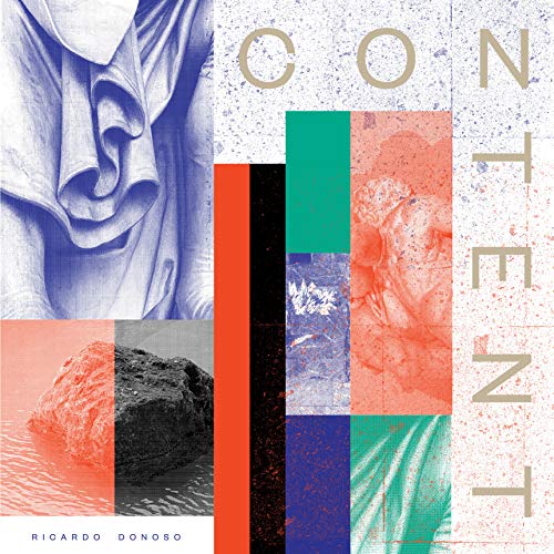 "Album cover with abstract, multicolored images and 'Content' text, by Ricardo Donoso."